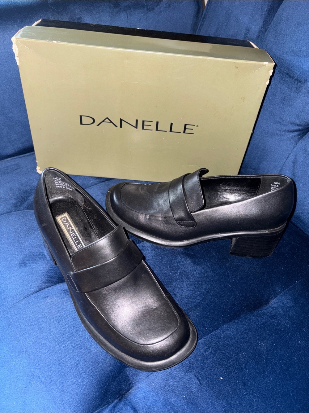 Danelle Black Leather Block Heel Loafers for Women